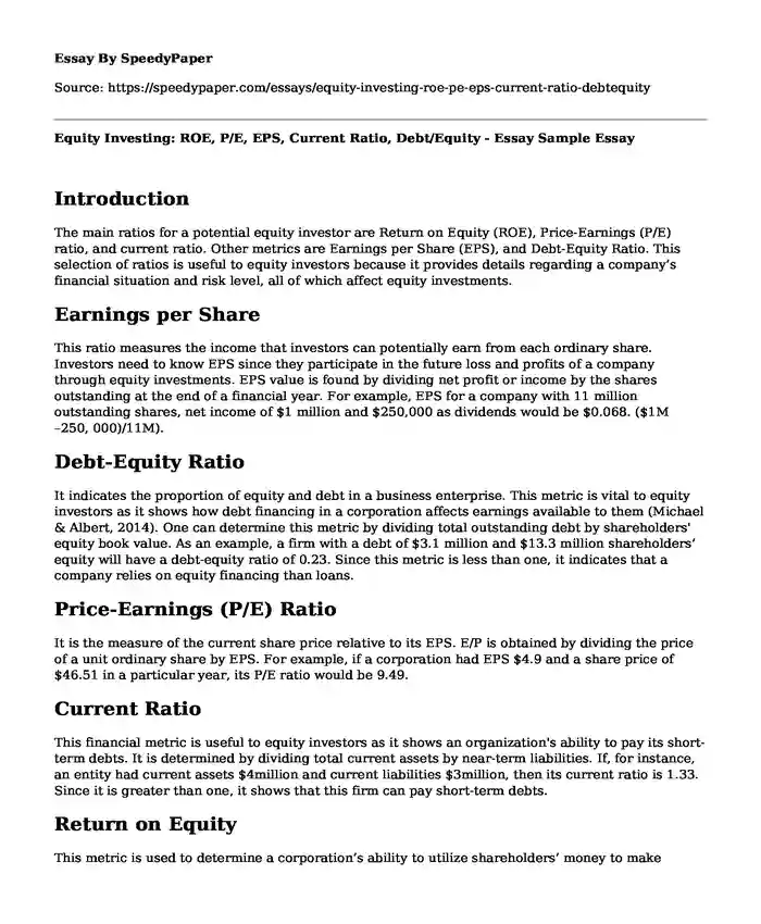 Equity Investing: ROE, P/E, EPS, Current Ratio, Debt/Equity - Essay Sample