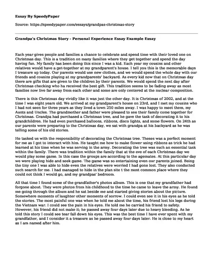 Grandpa's Christmas Story - Personal Experience Essay Example