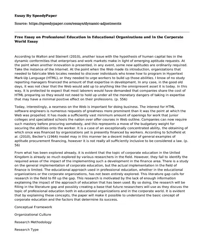 Free Essay on Professional Education in Educational Organizations and in the Corporate World