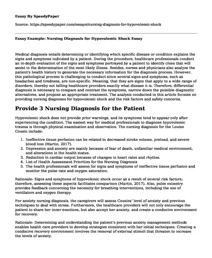 Essay Example: Nursing Diagnosis for Hypovolemic Shock