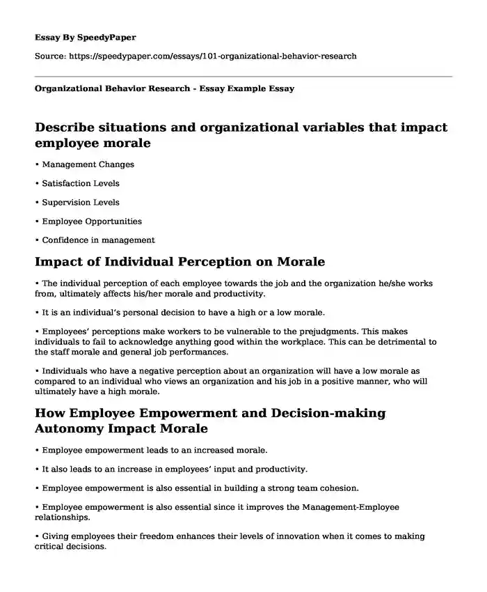 Organizational Behavior Research - Essay Example