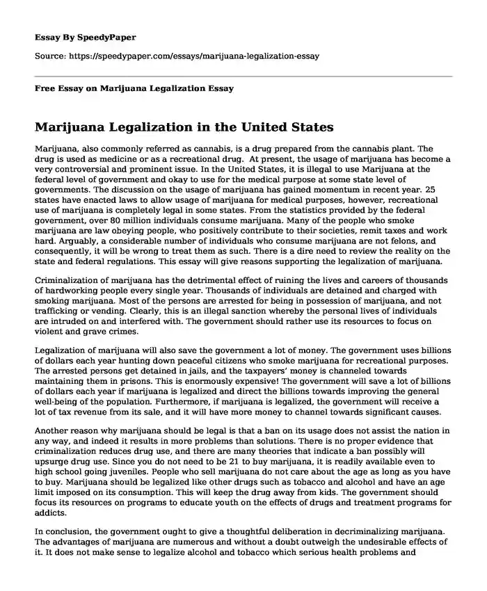 Free Essay on Marijuana Legalization