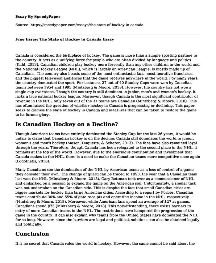 Free Essay: The State of Hockey in Canada