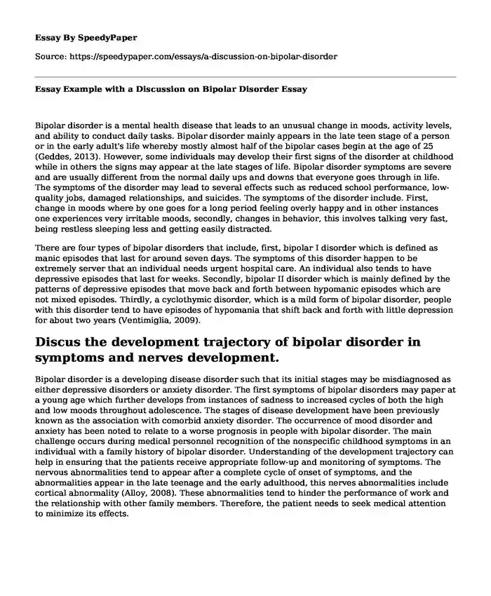 Essay Example with a Discussion on Bipolar Disorder