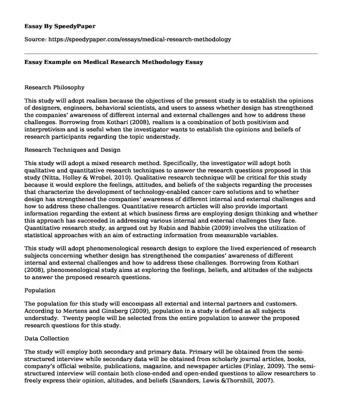 Essay Example on Medical Research Methodology