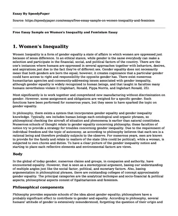 Free Essay Sample on Women's Inequality and Feminism