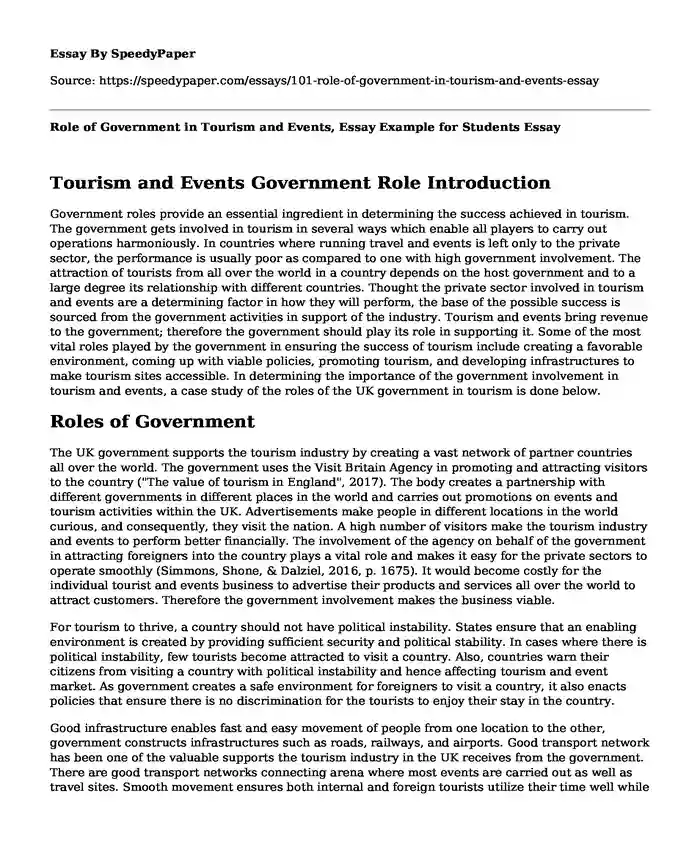 Role of Government in Tourism and Events, Essay Example for Students