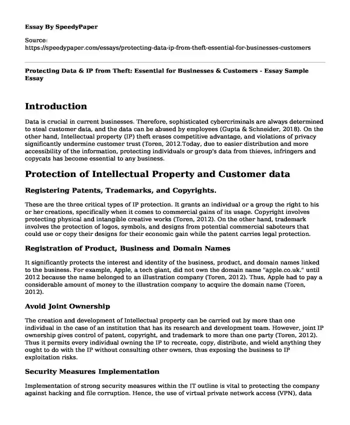 Protecting Data & IP from Theft: Essential for Businesses & Customers - Essay Sample