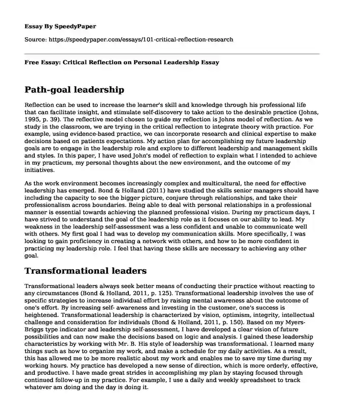 Free Essay: Critical Reflection on Personal Leadership