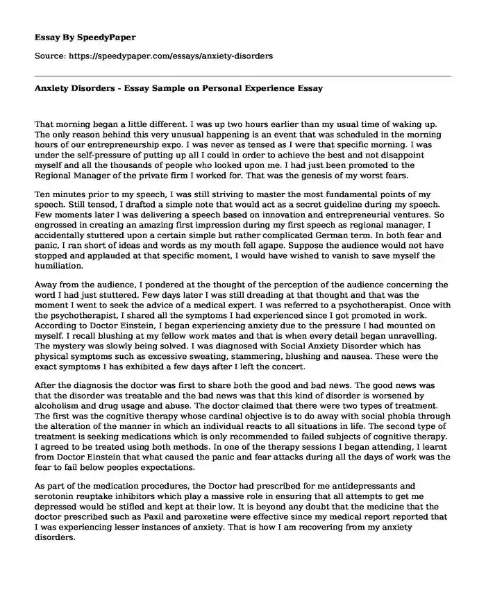 Anxiety Disorders - Essay Sample on Personal Experience