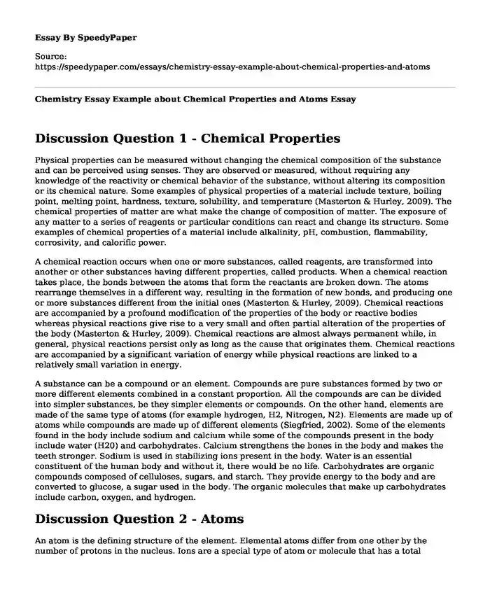 Chemistry Essay Example about Chemical Properties and Atoms