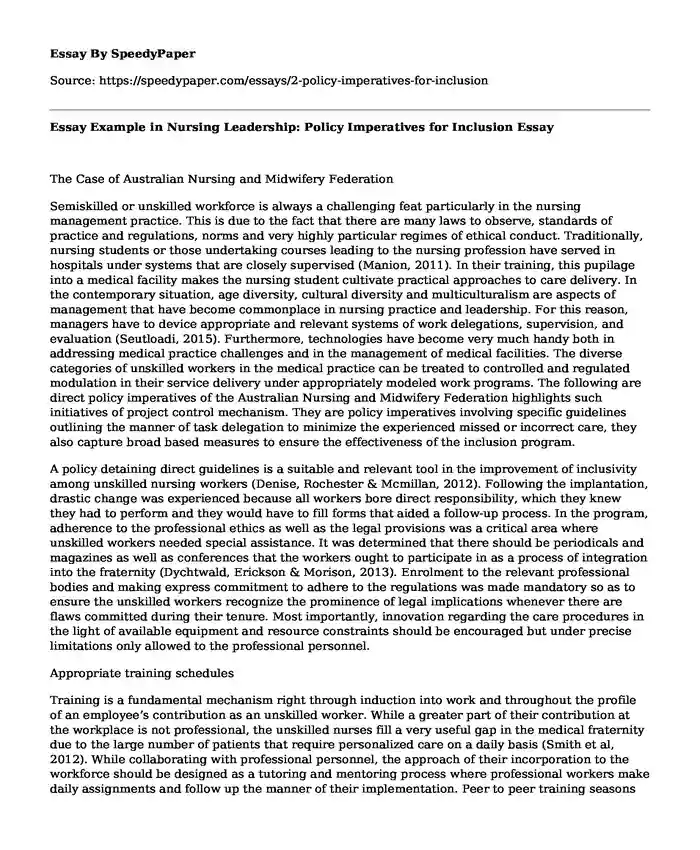 Essay Example in Nursing Leadership: Policy Imperatives for Inclusion