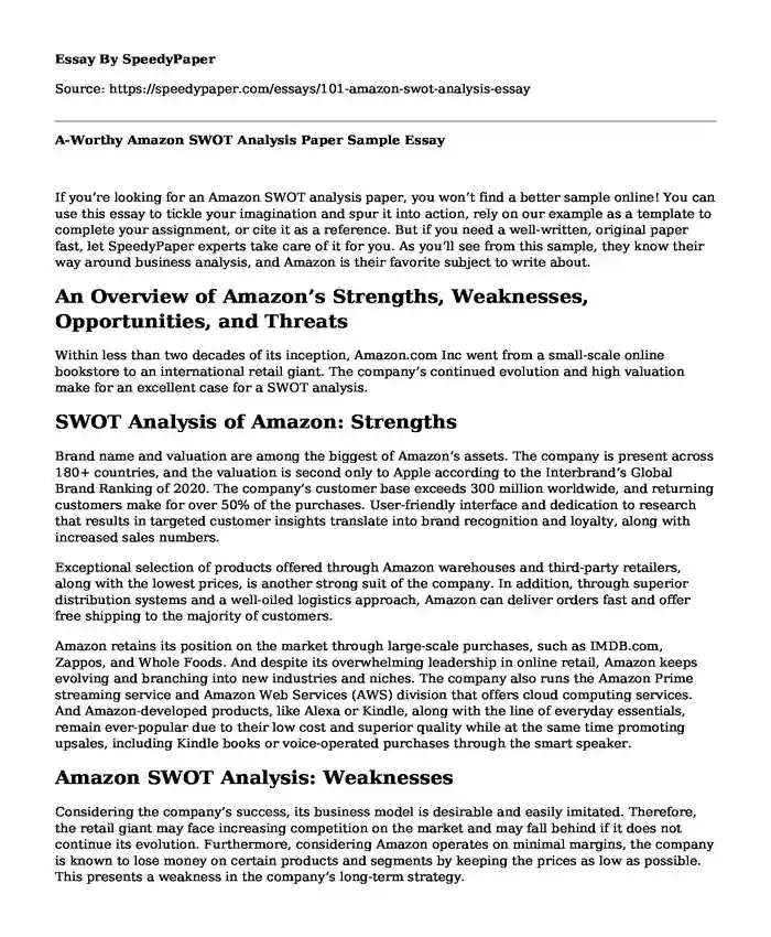 A-Worthy Amazon SWOT Analysis Paper Sample