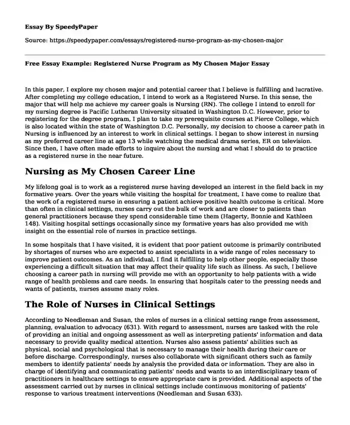 Free Essay Example: Registered Nurse Program as My Chosen Major