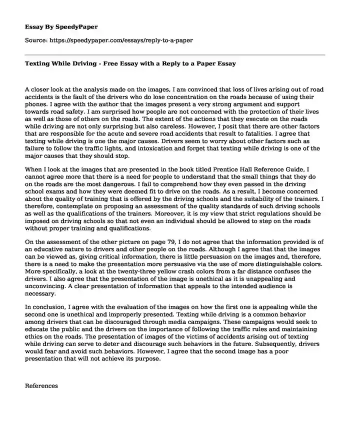 Texting While Driving - Free Essay with a Reply to a Paper
