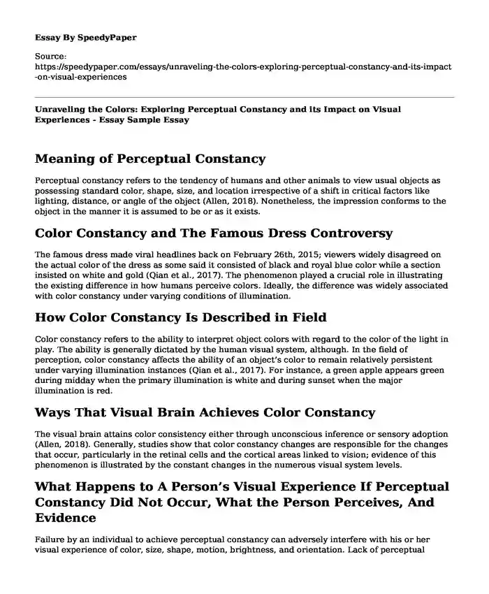 Unraveling the Colors: Exploring Perceptual Constancy and its Impact on Visual Experiences - Essay Sample
