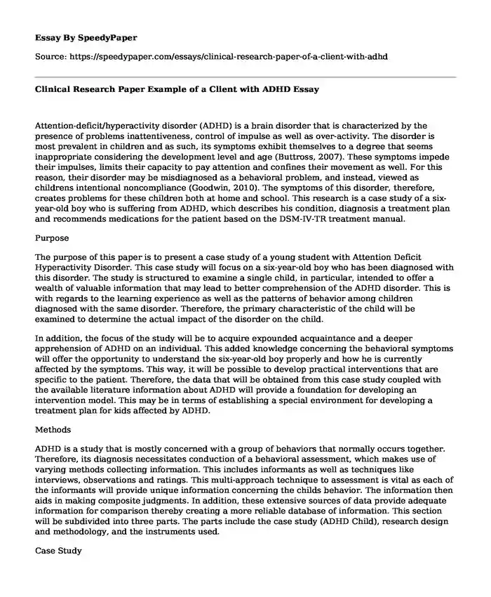 Clinical Research Paper Example of a Client with ADHD