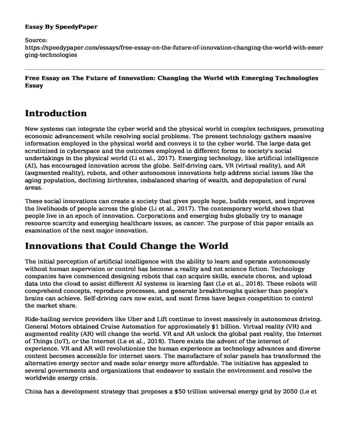 Free Essay on The Future of Innovation: Changing the World with Emerging Technologies