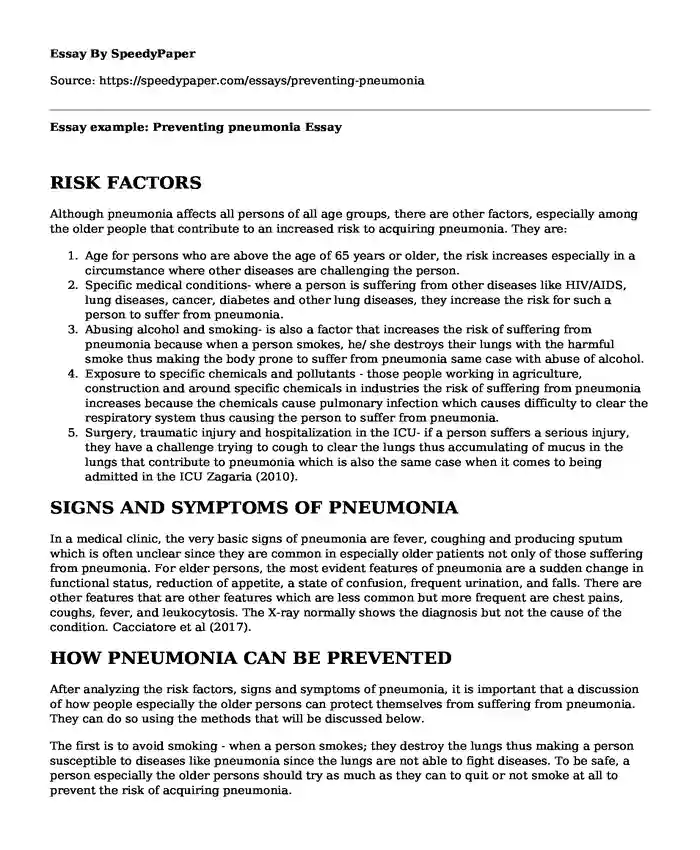 Essay example: Preventing pneumonia