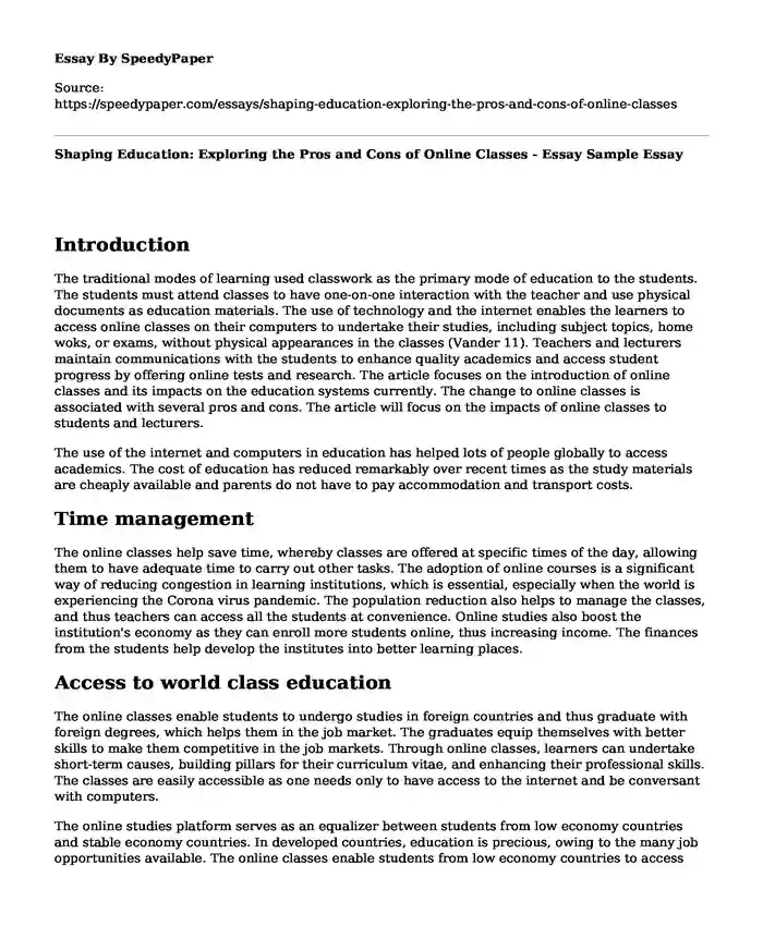 Shaping Education: Exploring the Pros and Cons of Online Classes - Essay Sample