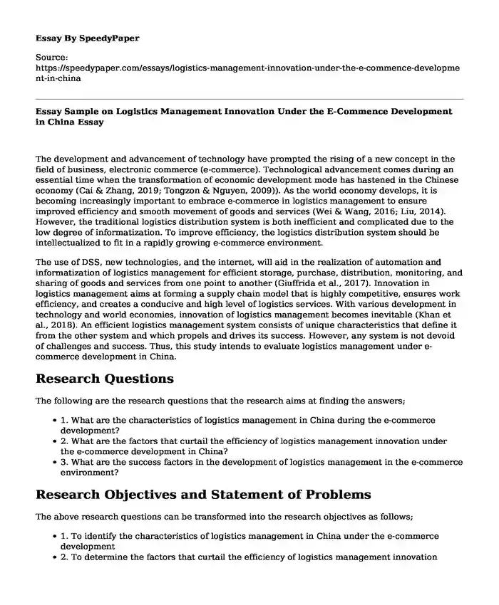 Essay Sample on Logistics Management Innovation Under the E-Commence Development in China