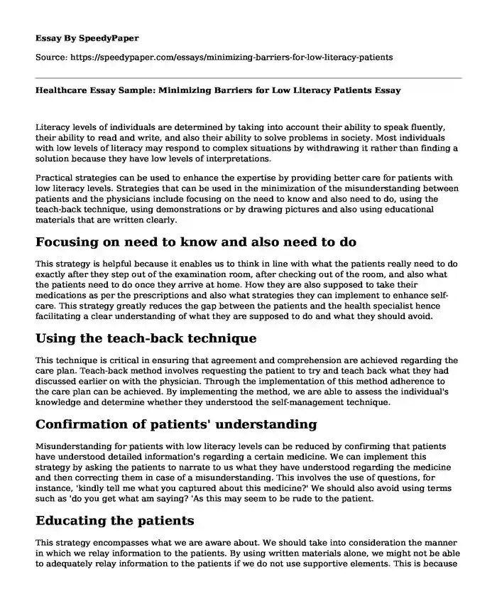 Healthcare Essay Sample: Minimizing Barriers for Low Literacy Patients