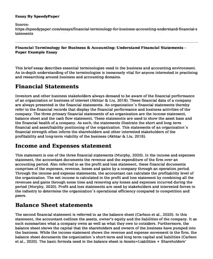 Financial Terminology for Business & Accounting: Understand Financial Statements - Paper Example