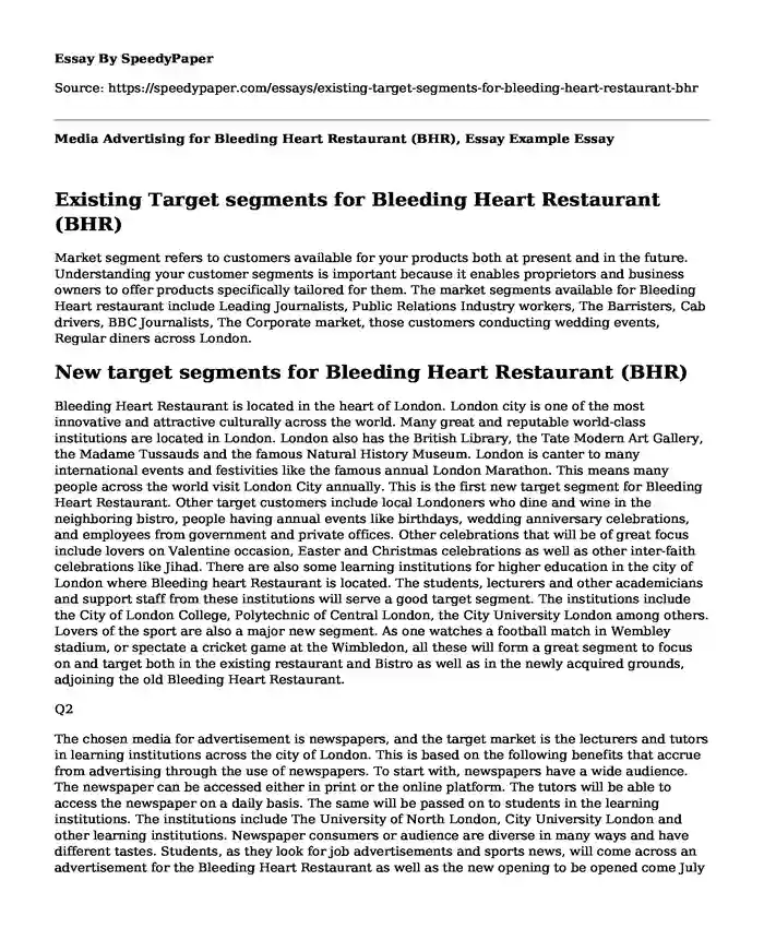Media Advertising for Bleeding Heart Restaurant (BHR), Essay Example