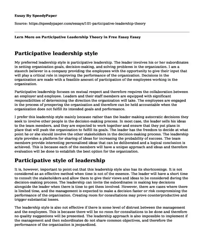Lern More on Participative Leadership Theory in Free Essay