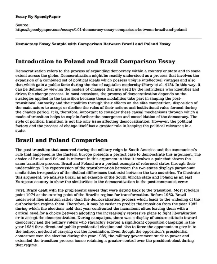 Democracy Essay Sample with Comparison Between Brazil and Poland