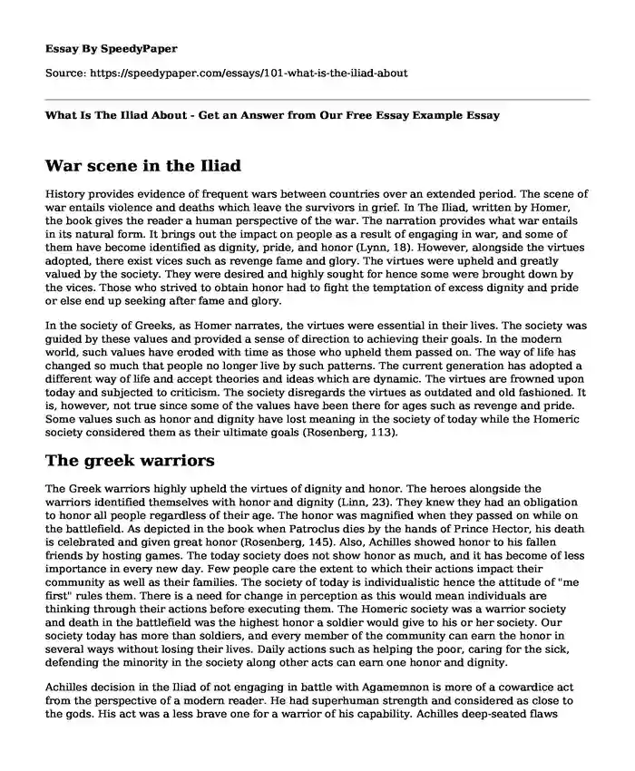 What Is The Iliad About - Get an Answer from Our Free Essay Example