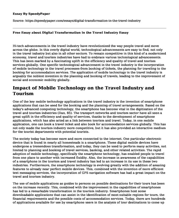 Free Essay about Digital Transformation in the Travel Industry