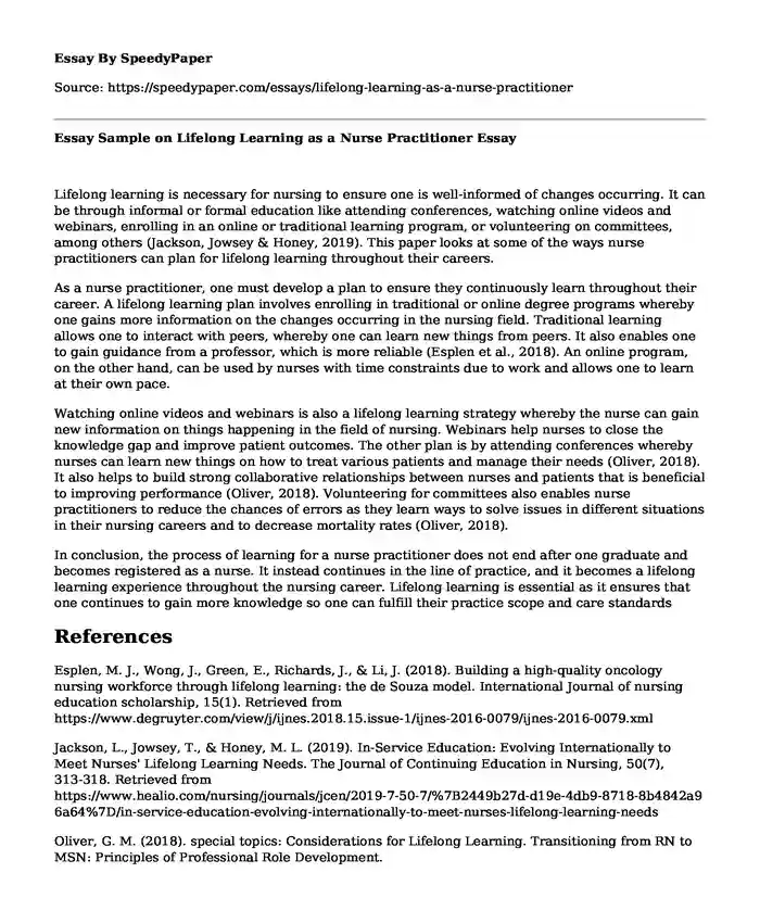 Essay Sample on Lifelong Learning as a Nurse Practitioner