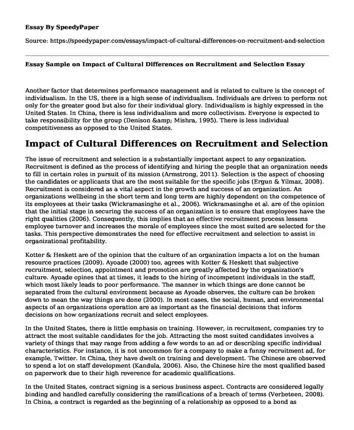 Essay Sample on Impact of Cultural Differences on Recruitment and Selection