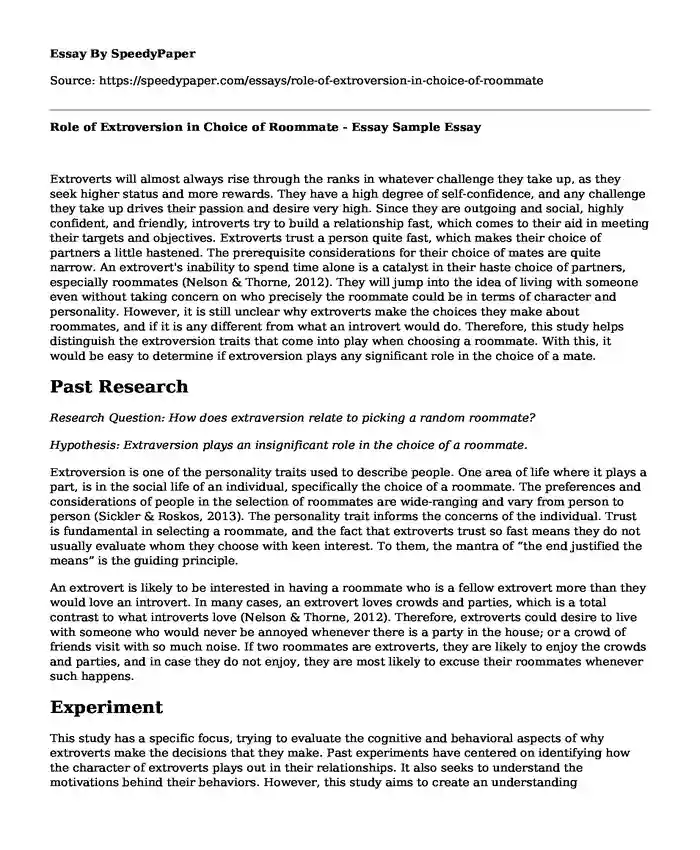 Role of Extroversion in Choice of Roommate - Essay Sample