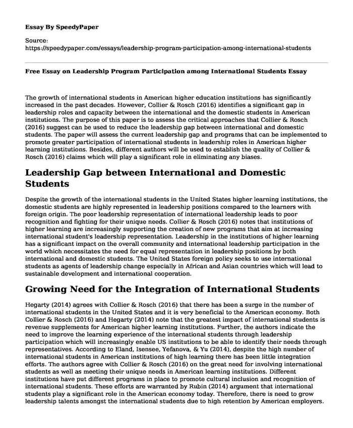 Free Essay on Leadership Program Participation among International Students