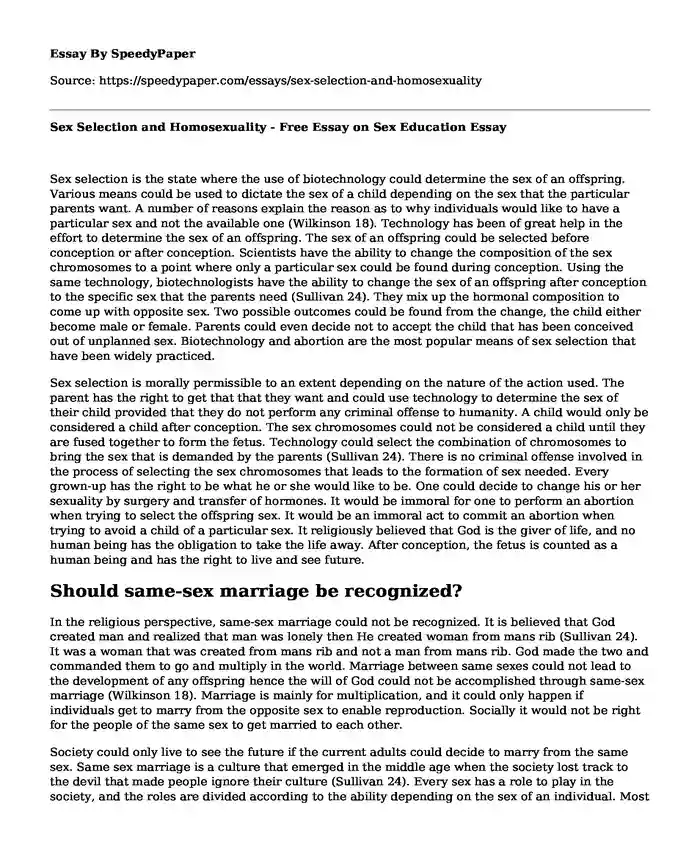 Sex Selection and Homosexuality - Free Essay on Sex Education