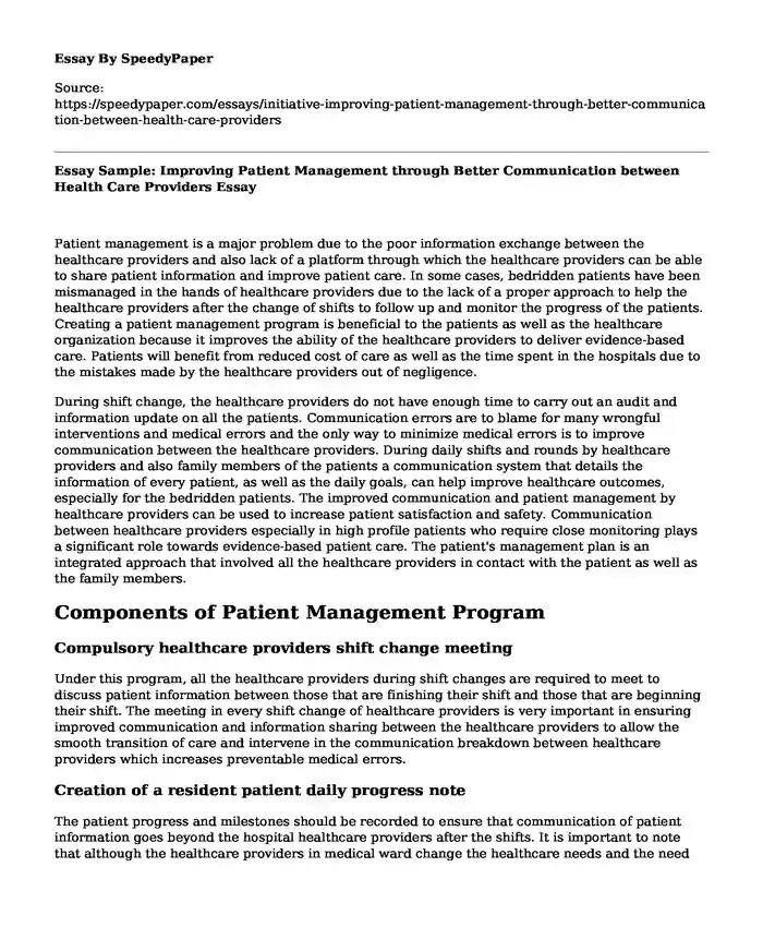 Essay Sample: Improving Patient Management through Better Communication between Health Care Providers