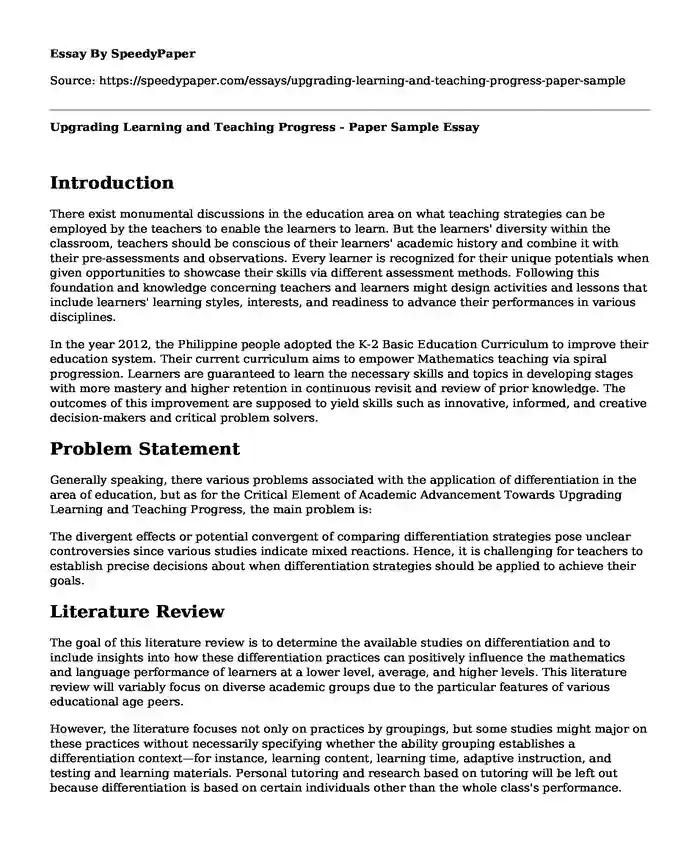 Upgrading Learning and Teaching Progress - Paper Sample