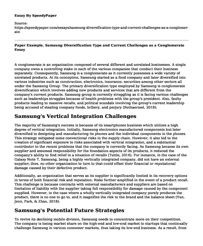 Paper Example. Samsung Diversification Type and Current Challenges as a Conglomerate