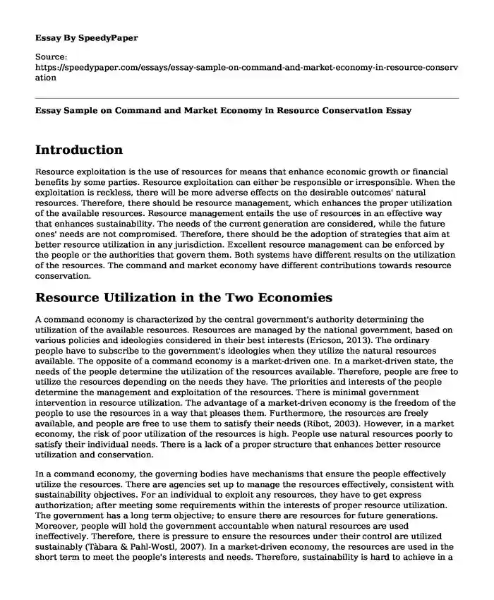 Essay Sample on Command and Market Economy in Resource Conservation