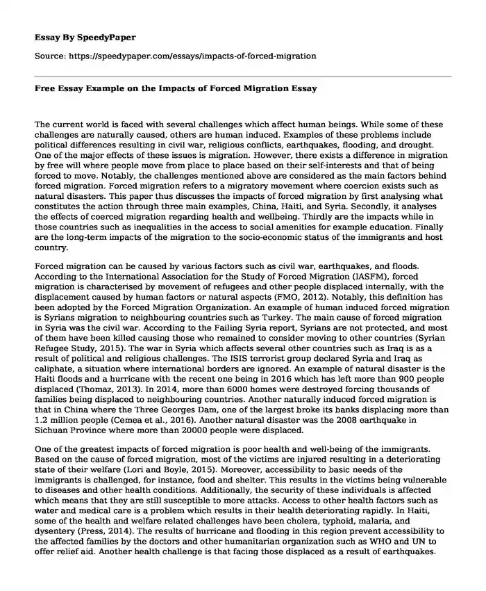 Free Essay Example on the Impacts of Forced Migration