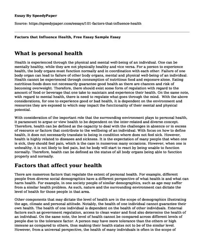 Factors that Influence Health, Free Essay Sample