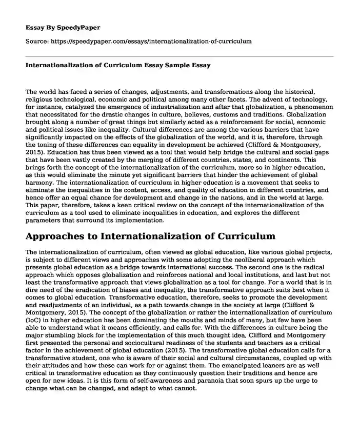 Internationalization of Curriculum Essay Sample