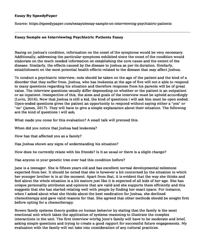 Essay Sample on Interviewing Psychiatric Patients