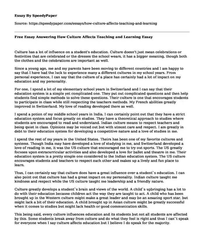 Free Essay Answering How Culture Affects Teaching and Learning