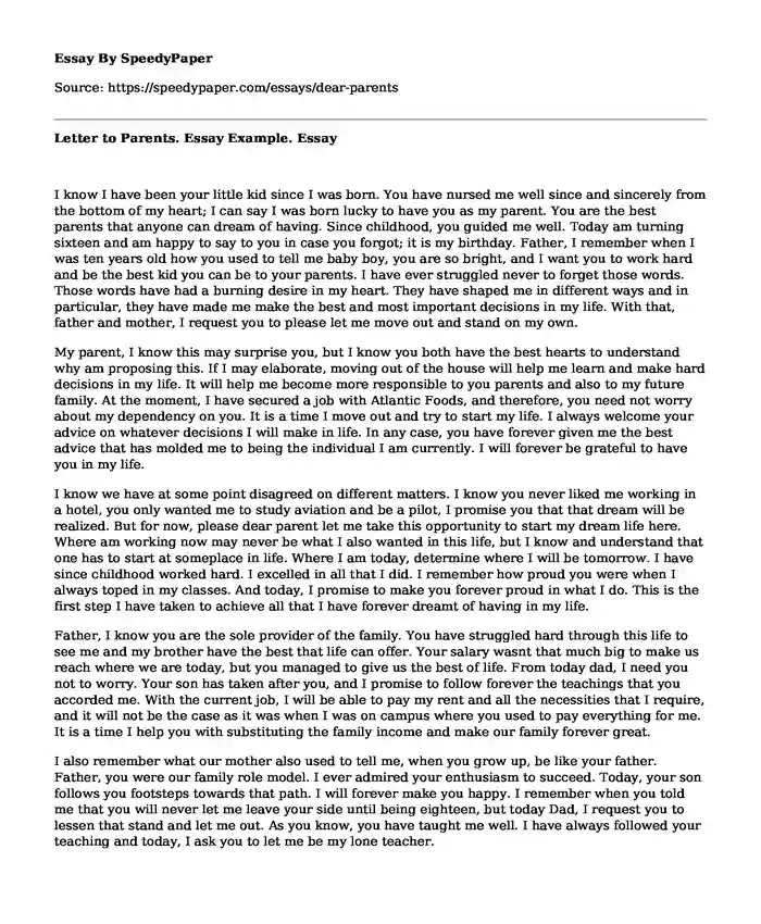 Letter to Parents. Essay Example.