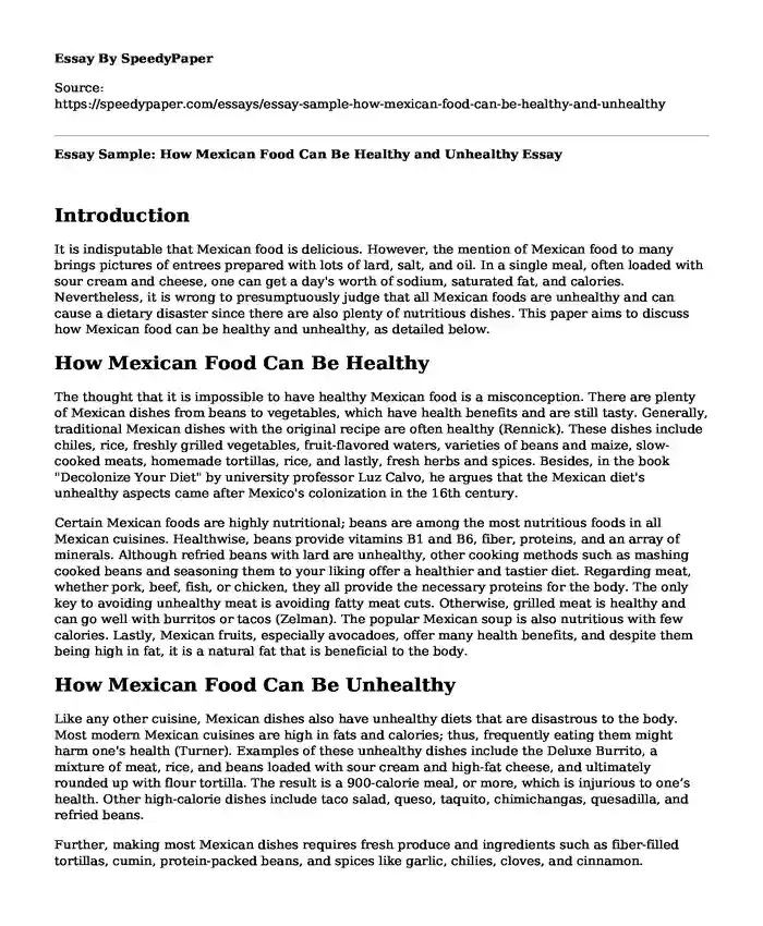Essay Sample: How Mexican Food Can Be Healthy and Unhealthy