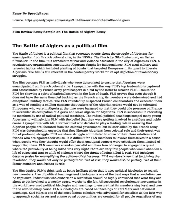 Film Review Essay Sample on The Battle of Algiers