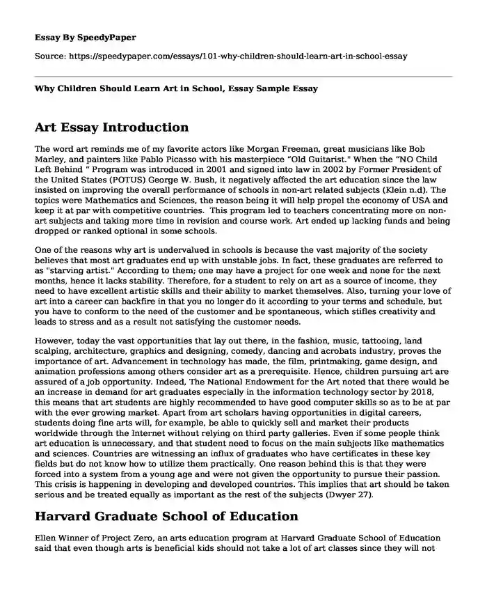 Why Children Should Learn Art in School, Essay Sample